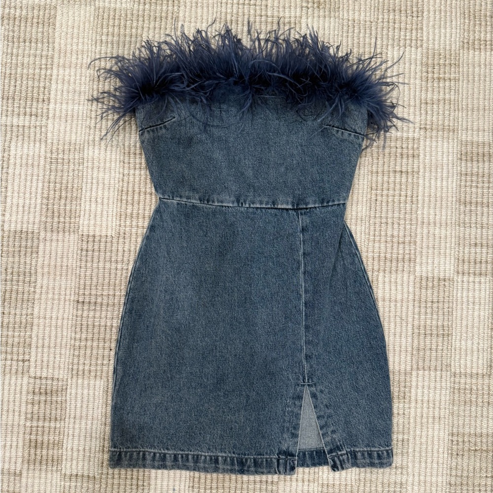 Nwt Amanda Uprichard Strapless Denim Mini Dress with Feather Trim - Navy